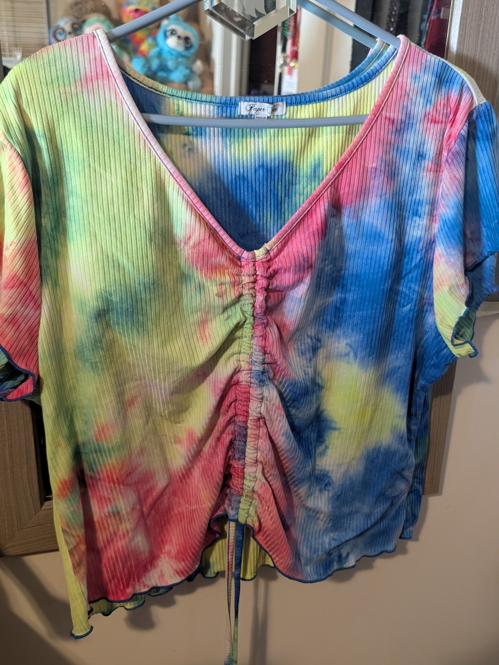 paper tee Multicolor Tie-Dye Ruched V-Neck Short Sleeve Top